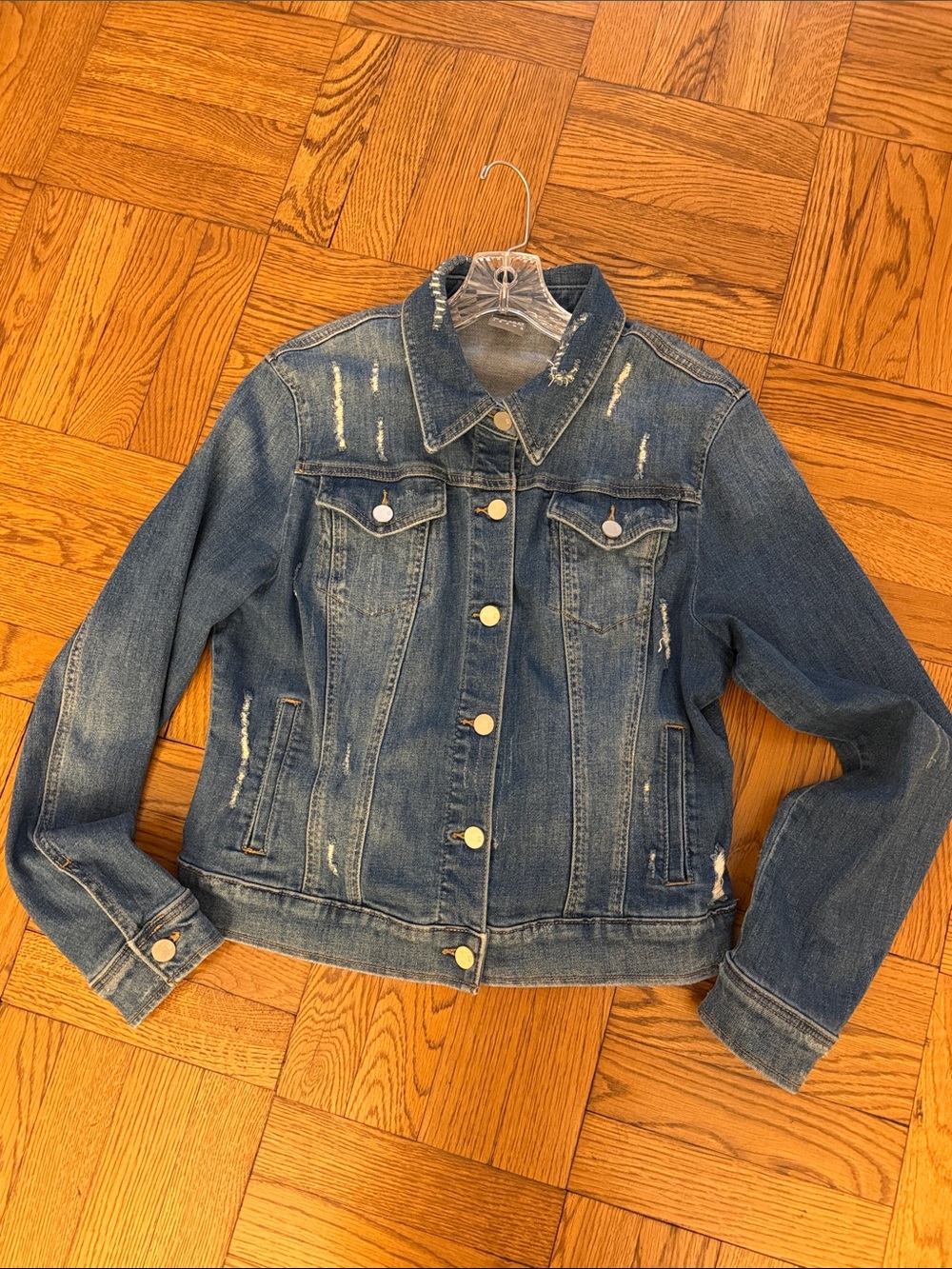 Soho Jeans by New York & Company Fitted Distressed Denim Jacket | Sz L